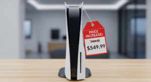A Sony PlayStation 5 console on a table with a large red tag showing a price increase from $499.99 to $549.99