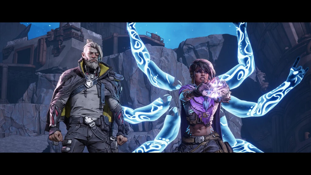 Screenshot from Borderlands 4 showing Amara summoning her glowing astral arms beside Zane on the planet Kairos