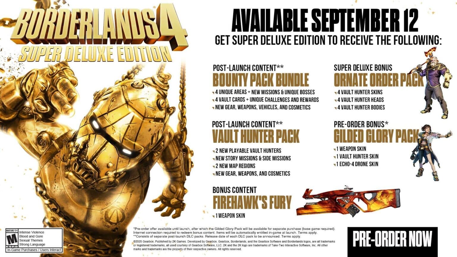 Borderlands 4 Super Deluxe Edition artwork showing included content packs: Bounty Pack, Vault Hunter Pack, Ornate Order Pack, Firehawk’s Fury skin, and Gilded Glory pre-order bonus.