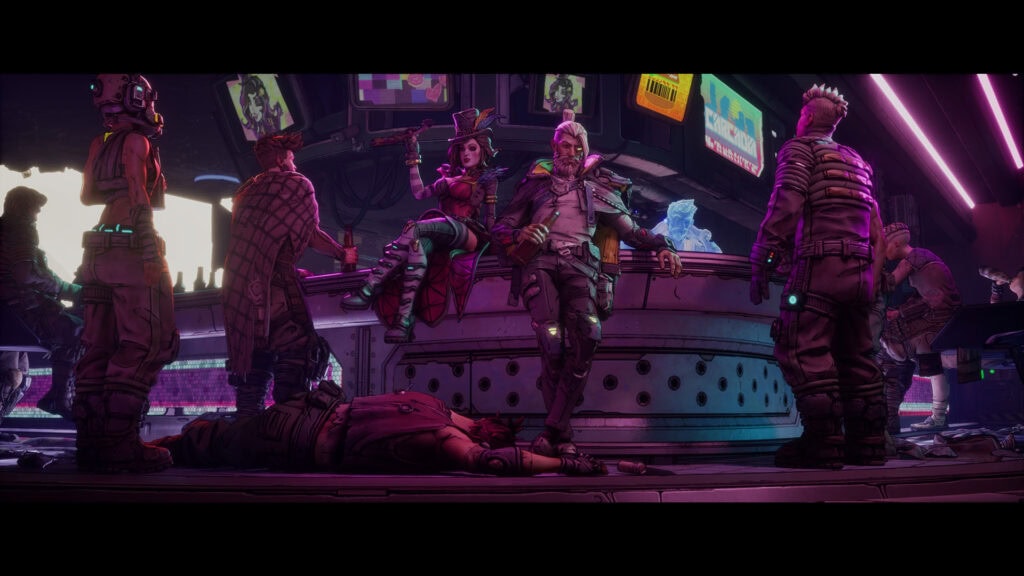 Screenshot from Borderlands 4 showing Moxxi running her bar on Kairos with Zayn as her bouncer, surrounded by patrons in a neon-lit club.