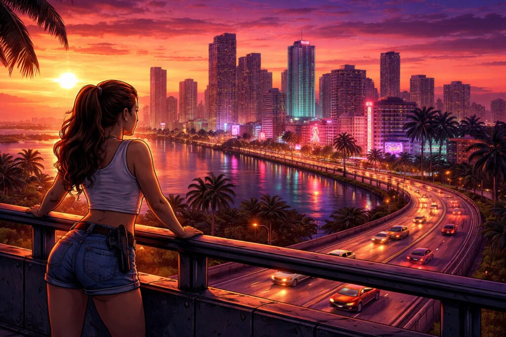 Grand Theft Auto 6 trailer still showing Lucia overlooking Vice City skyline at sunset