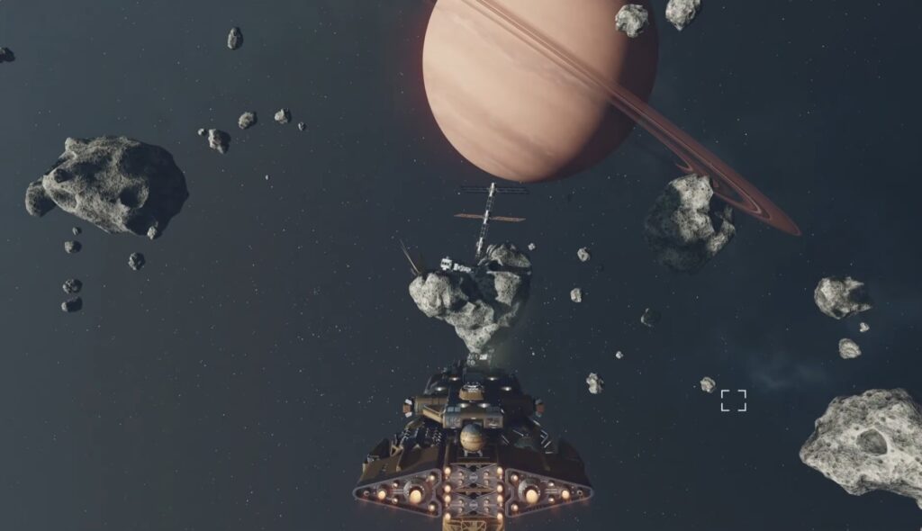 Wide shot of asteroid base atrium / space view in Starfield