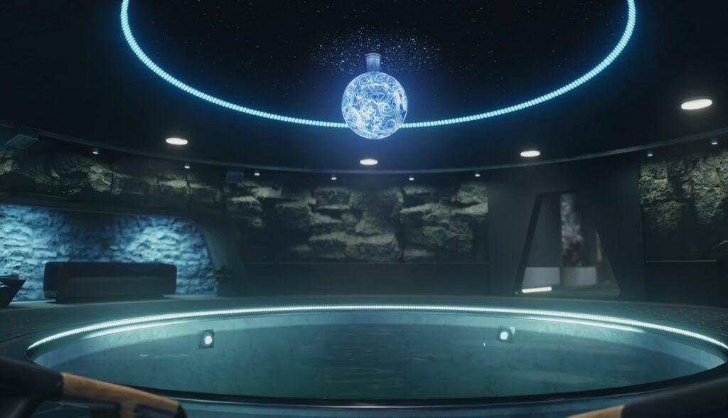 Starfield asteroid base interior featuring pool and ambient lighting