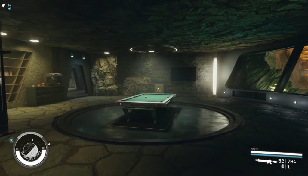 Starfield asteroid base interior showing game room with pool table and futuristic lighting